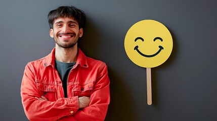 A cheerful man stands beside a smiling face sign, embodying positivity and happiness in a modern setting.