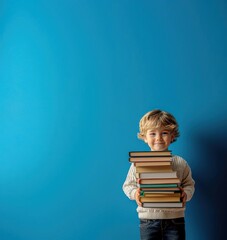 A cheerful boy holding a stack of books against a vibrant blue background, symbolizing education and childhood joy.