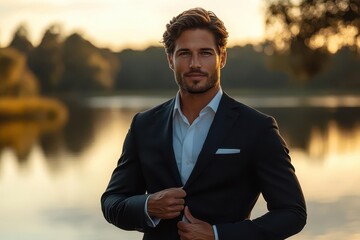 fashion portrait of a handsome young man in a tailored dark suit hes adjusting his jacket by a serene lake blurred background creating a sophisticated atmosphere