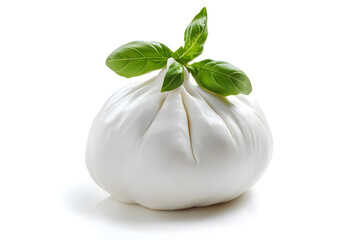 Wall Mural - Fresh piece burrata cheese with basil close up isolated on white background
