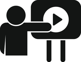 Sticker - Businessman pointing at play button on board icon in simple style on a white background