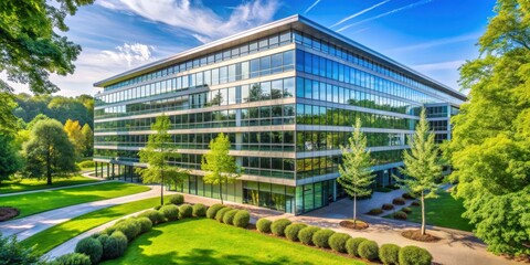 Poster - Modern office building in Germany with lush green trees surrounding it, Germany, B?rogeb?ude, architecture, urban