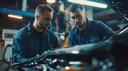 Two Mechanics Inspecting Car Engine in Workshop
