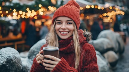 Girl holding a glass of hot coffee or cocoa at a European Christmas market. Germany, Austria, Czech Republic.