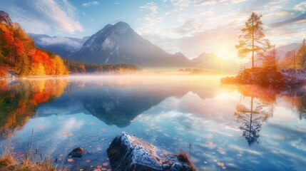 Poster - Autumn Sunrise on a Tranquil Lake with Mountain Reflections