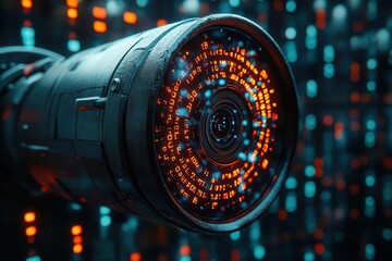 Wall Mural - futuristic surveillance camera with glowing binary code background hightech aesthetic dark tones with neon accents cybersecurity concept