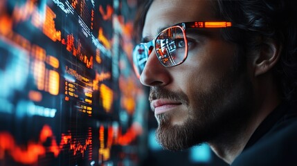 Data Analyst Focus:  A focused and determined data analyst peers intently at a vibrant digital display, his glasses reflecting the intricate patterns of information. The image evokes a sense of intell