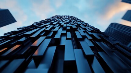 A striking view of an urban skyscraper, showcasing modern architecture and innovative design under a vibrant sky.