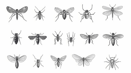 A collection of various insect line icons sketched in a minimalist style isolated on a white background. Minimalist. Ultra realistic. Photorealistic