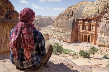 A lone traveler gazes at the ancient city of Petra in Jordans pink sandstone cliffs