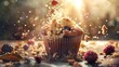 © JK_kyoto - A delicious cupcake bursting with flavor, surrounded by fresh berries and crumbs, captured in warm sunlight, evoking joy and sweetness.