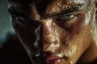 © Aidas - A closeup of a boxers bruised face with sweat dripping from his forehead after a match