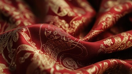 Wall Mural - A close-up of luxurious Thai silk in deep red, with intricate gold patterns shimmering on the surface. The fabric's texture and richness are highlighted, showcasing its elegance.