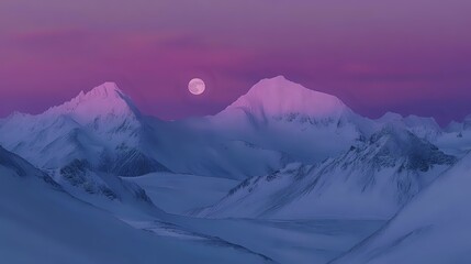 Wall Mural - Twilight glow A panoramic shot of snow-covered peaks under a twilight sky, with a full moon rising and a faint pink and purple glow on the horizon