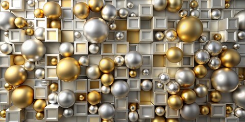 Aufkleber - Background of silver and gold squares and spheres, silver, gold, background, geometric, pattern, design, shiny, abstract