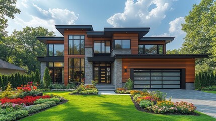 majestic contemporary house exterior featuring a grand threecar garage lush green lawn and vibrant flower beds set against a brilliant blue sky with puffy white clouds