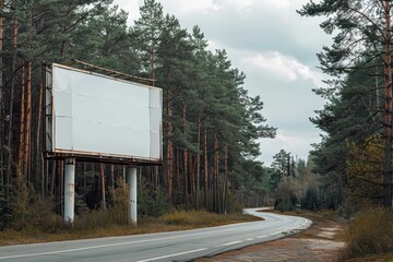 An empty billboard beside a winding road surrounded by lush green pine trees, creating a serene, nature-inspired scene.