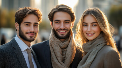 group of young confident and handsome businessmen with a friendly smile and young bueatiful businesswomen with a friendly smile, standing together.