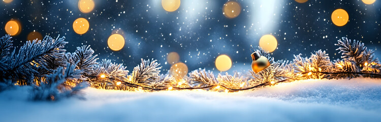 Wall Mural - Banner, panoramic image with golden bokeh lights in an abstract winter landscape