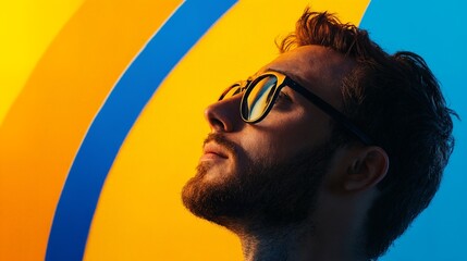 Canvas Print - a man wearing a pair of sunglasses looking up at the sky.