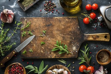 Decorative wooden cutting board with fresh herbs, spices, cherry tomatoes, and garlic, ideal for culinary and cooking themes.