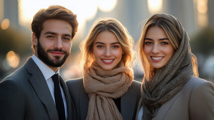 Wall Mural - group of young confident and handsome businessmen with a friendly smile and young bueatiful businesswomen with a friendly smile, standing together.