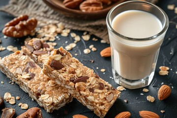 A glass of milk next to a nuts and granola bars