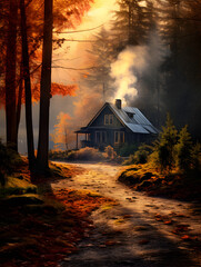 Wall Mural - Illustration of a rustic wooden old house in autumn woods