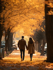 Wall Mural - Back view of a couple walking through autumn park 