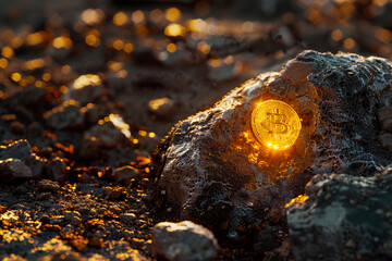 Bright golden bitcoin hidden in rugged rock