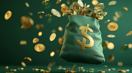 A green money bag overflowing with coins on a dark green background, symbolizing wealth and financial prosperity