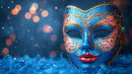 A vibrant carnival party with a venetian mask banner and defocused bokeh lights, creating a festive and mysterious atmosphere. Ideal for carnival events, parties, and celebrations.