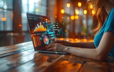 Woman using a laptop with futuristic data visualizations, stock market charts