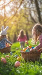 children dressed in easter bunny costumes collecting colorful painted eggs in the grass, holding bas