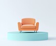 © MuhammadHamza - Minimal art with an orange armchair on a blue stand, plain backdrop.