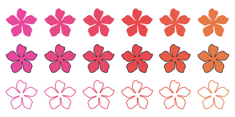 Wall Mural - collection of simple vector flowers in various vibrant colors - set of flat and outline flowers isol