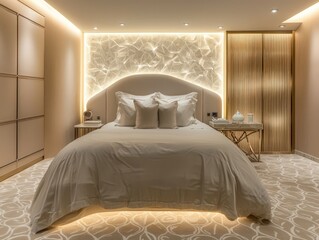 Wall Mural - Quartz headboard, pale beige walls, quiet lighting, flawless bedding, tables, chic partition, taupe pattern carpet.