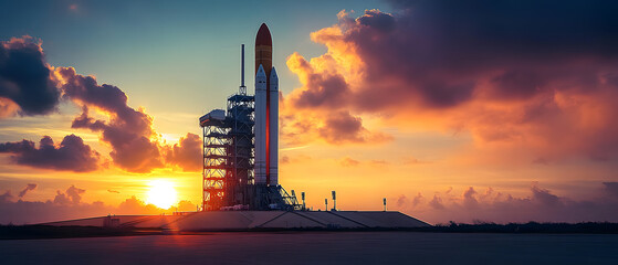 space rocket on launch pad, panoramic shot of the sky and the setting sun in the background.