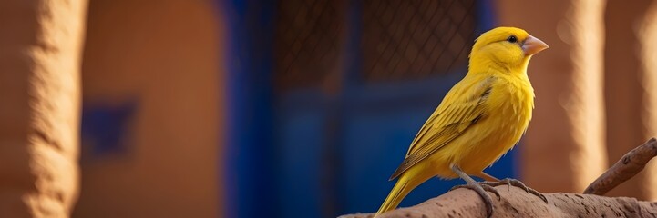 A yellow canary perched on a wooden branch in front of a colorful blue architecture