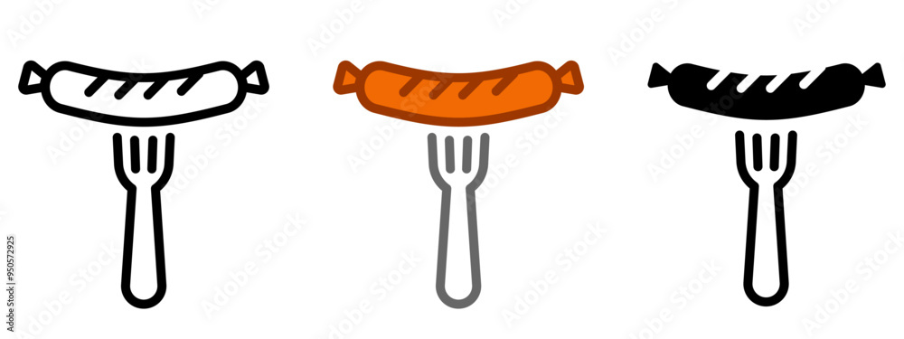 sausage on the fork icon. Fried frankfurter sign. Grilled Meat symbol.