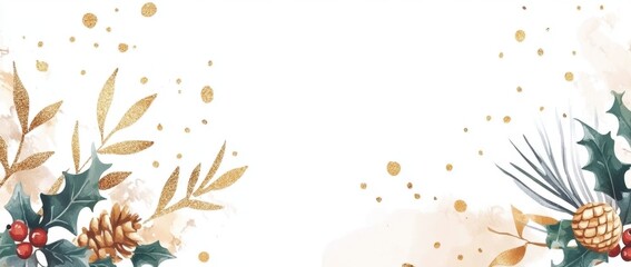 Poster - winter, a watercolor illustration with gold glitter and holly leaves on a white background this serv