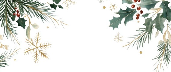 Poster - winter, a watercolor illustration of winter elements like snowflakes and evergreen branches with hol