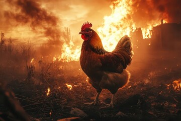 Wall Mural - postapocalyptic cityscape ablaze lone chicken silhouetted against fiery sky crumbling buildings smoke plumes and chaos surrounding the unlikely survivor