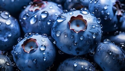 close-up of blueberries with water drops, highlighting the texture and juiciness of the fruit