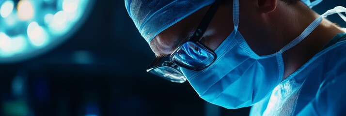 A surgeon in the operating room, wearing a surgical mask and gown, focuses intently on their task. The image symbolizes precision, expertise, focus, and dedication to healthcare.