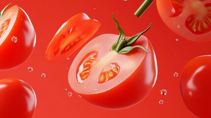 A vibrant 3D illustration of freshly sliced organic tomatoes against a bright red background. The tomatoes are bursting with color and detail, representing healthy eating, freshness, and the bounty of