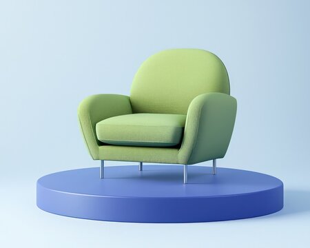 Minimalist 3D rendering of a pastel green armchair on a blue podium, set against white.