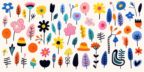 an abstract pattern with bright colored flower shapes