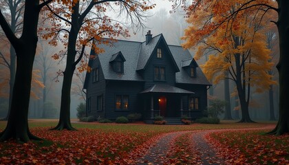 Dark house in the autumn forest 