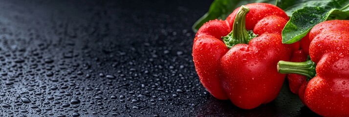 Two vibrant red bell peppers with water droplets, symbolizing freshness, health, vitality, and the beauty of nature. The black background creates a dramatic contrast, highlighting the peppers' vibrant